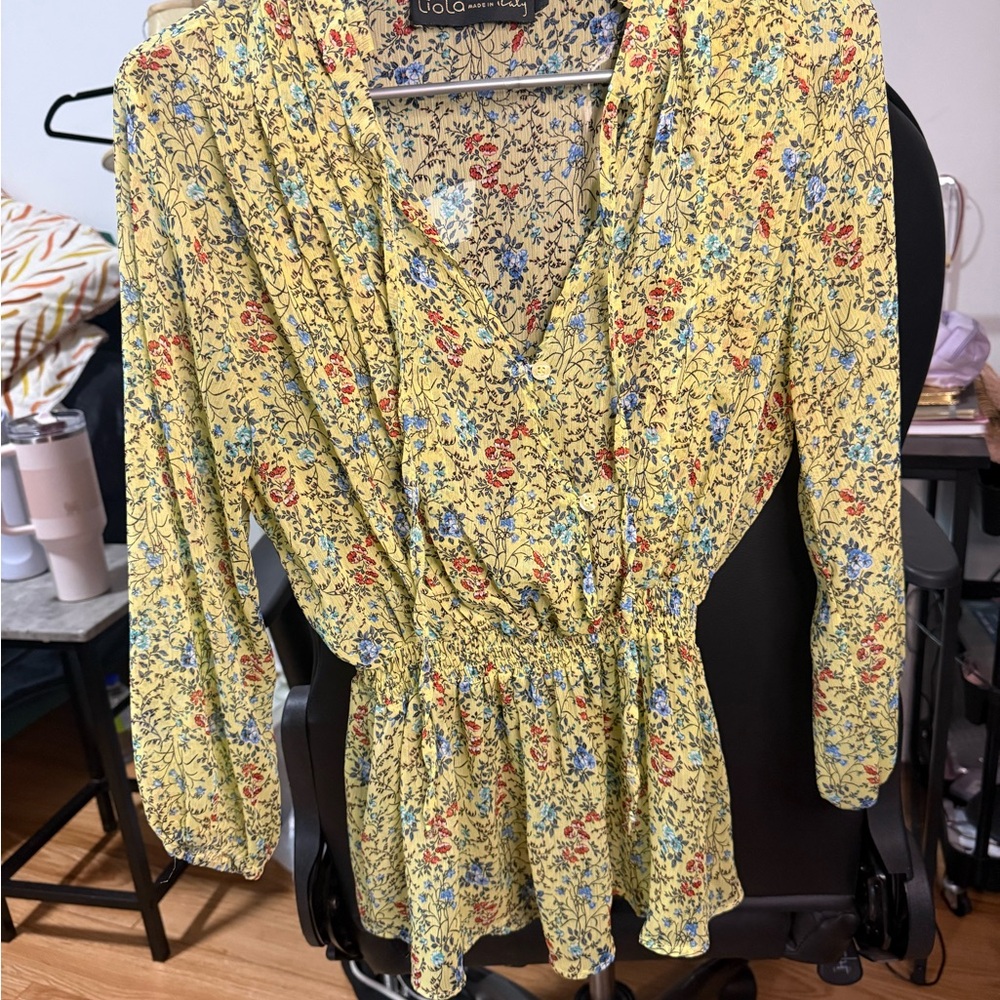 Lola & Sophie Yellow Floral V-Neck Peplum Top with Blue & Red Accents
